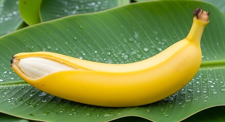 A fresh ripe yellow banana partially peeled on a green leaf.