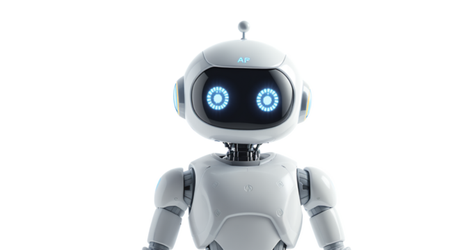 A Futuristic Robot Character with Glowing Eyes on a White Background