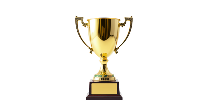 A Golden Award Cup on White Background, Trophy for Achievement, Victory, and Celebration.