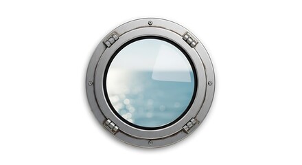 Nautical Porthole View: Ocean Glimpse Through Riveted Metal Frame on White