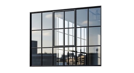 Modern Black Framed Window with Urban Reflections on White Background