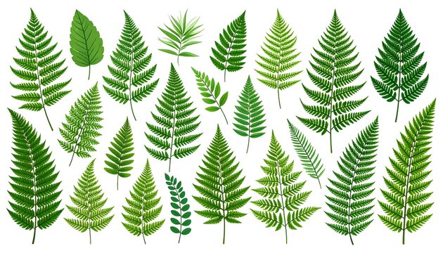 Various fern leaves in vibrant green hues