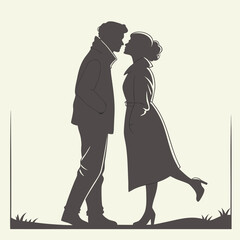 Silhouette of a couple kissing, standing outdoors, with the woman lifting her leg.