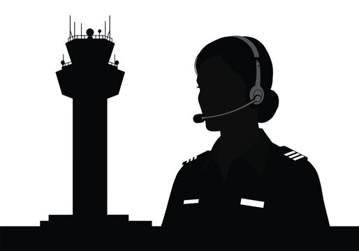 Air Traffic Controller Silhouette with Control Tower Headset Illustration