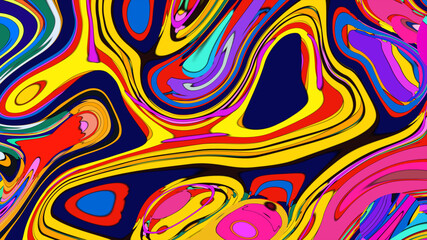 Funky liquid shapes pattern - colorful abstract organic forms on blue background. Retro groovy blobs, flowing curves, psychedelic design elements. Lava lamp style ornament, 70s aesthetic decorations.