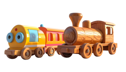 Children’s Wooden Train Pair – Two Distinct Toy Styles Isolated on Transparent Background