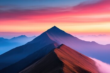 Fototapeta premium Mountain ridgelines revealing layering peaks and a dramatic sky with gradients of pink, orange, and blue colors at dusk
