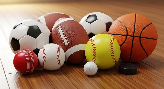 Assortment of various sports balls on a wooden floor.