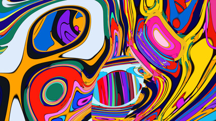 Fototapeta premium Funky liquid shapes pattern - colorful abstract organic forms on blue background. Retro groovy blobs, flowing curves, psychedelic design elements. Lava lamp style ornament, 70s aesthetic decorations.