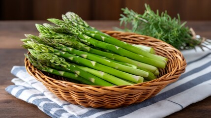 Fresh green asparagus spears in basket with rosemary