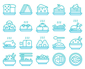 Lineal Gradient Food Icons Collection – Bread, Sandwich, Rice, Noodles, Dumplings, Meat, Fish, Salad, Egg, Cake, Pancakes, Ice Cream & More”