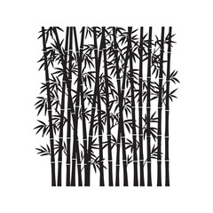 Bamboo grove silhouette, traditional Asian ink painting style. Black and white vector illustration of Japanese Zen plant with stalks and leaves, isolated on white background.
