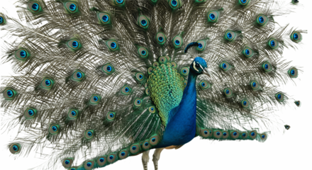 Indian blue peafowl dance display isolated on white background, majestic peacock bird with vibrant colorful feathers fanned, exotic wildlife illustration, national bird of India, beauty and nature sym