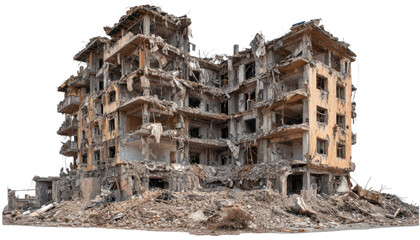 Ruined building structure with debris and rubble destroyed damaged