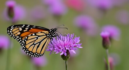 Fototapeta premium Beautiful Monarch butterfly resting on a vibrant purple wildflower in a summer meadow.