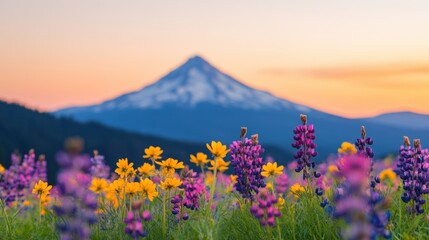 Obraz premium Wildflowers, including lupine and yellow blossoms, thriving in a meadow with Mount Hood in the background at sunset