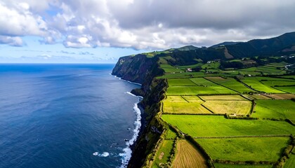 Aerial view captures a verdant cliff edge meeting the deep blue ocean under a dynamic sky with fluffy clouds and vast green fields