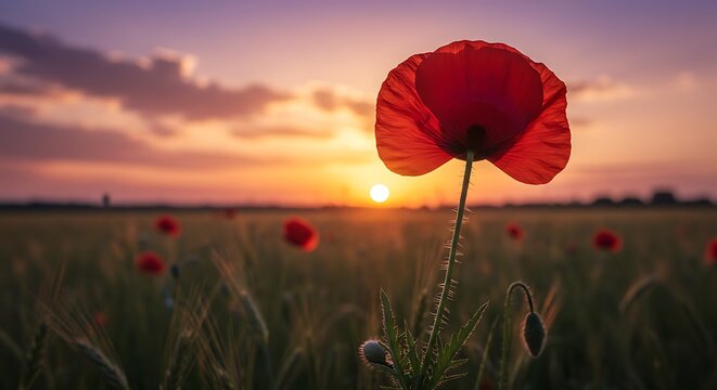 A single red poppy in a field at sunset.