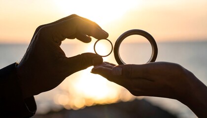 Silhouette of hands holding rings at sunset over water