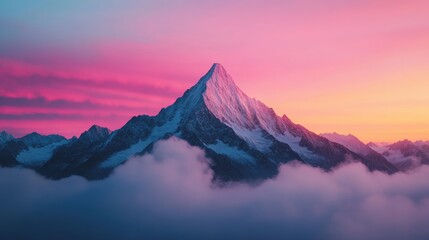Fototapeta premium Snow capped mountain peak rising above clouds at a vibrant sunset. Pink and orange clouds filling the sky with stunning colors