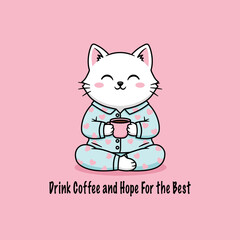 Cute Cartoon cat drink coffee Vector illustration hand drawn