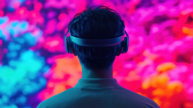 Person wearing VR headphones, immersing in a virtual reality world with a vibrant, abstract, colorful background