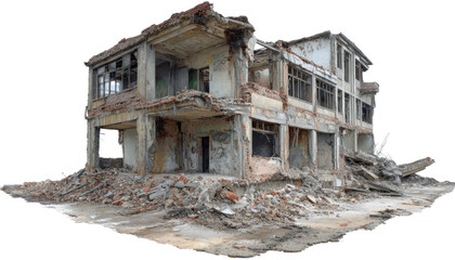 Ruined concrete and brick building with broken windows and debris destruction