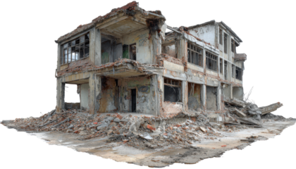 Ruined concrete and brick building with broken windows and debris destruction