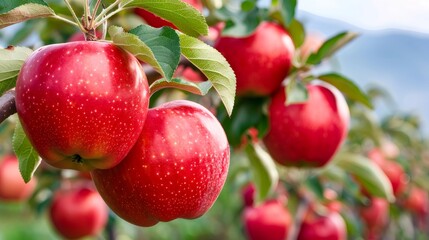 Obraz premium Ripe red apples growing on tree in orchard
