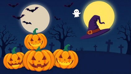 Fototapeta premium Spooky halloween night with pumpkins bats ghost and witch hat under the moon
