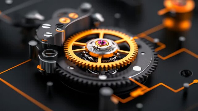 Close-up view of intricate clockwork gears with orange accents against a dark background featuring precise engineering details