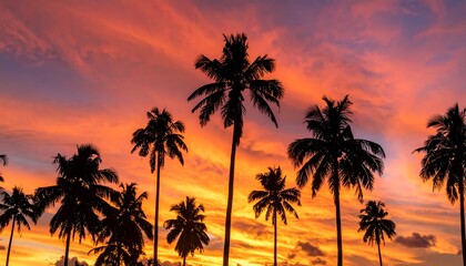 Silhouette palm trees against a vibrant sunset
