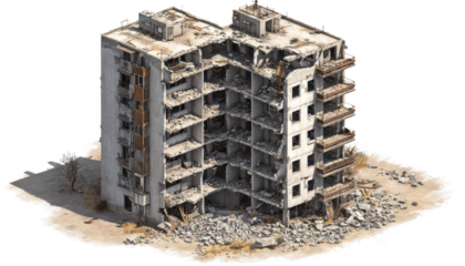 Ruined concrete apartment building with debris and broken balconies destruction