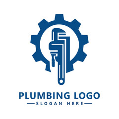 Obraz premium Plumbing Logo with Pipe Wrench and Gear – Blue Industrial Design for Service Branding