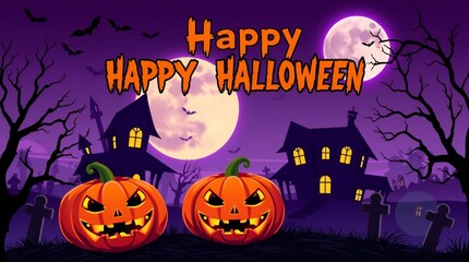 Spooky halloween night with jack o lanterns and haunted houses