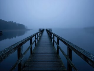 A long wooden pier stretches into a calm lake shrouded in thick fog, creating a serene and mysterious atmosphere in the muted blue light.