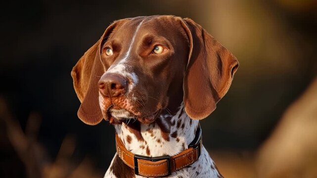 Brown and white dog with expressive eyes standing calmly in a natural setting during golden hour