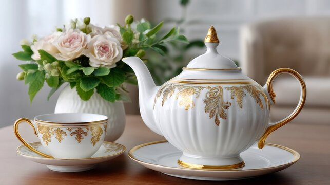 Elegant porcelain tea set with gold floral decoration