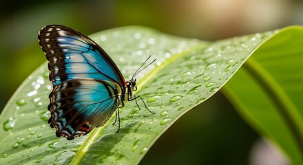 Blue Morpho Butterfly Resting on a Dewy Green Leaf.