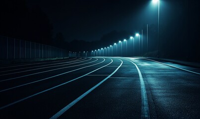 Night running track, city lights, fog, dark