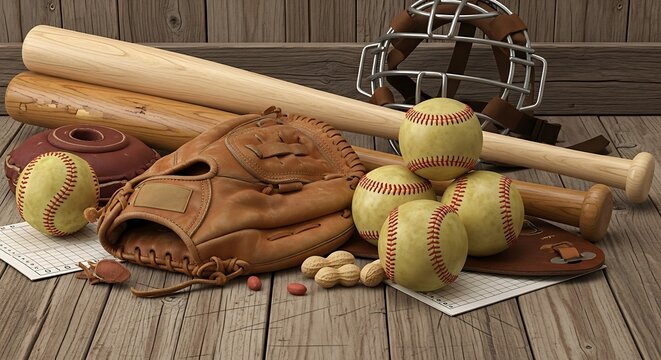 Baseball and Softball Equipment on Rustic Wooden Background.