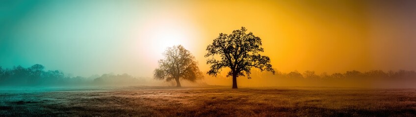 A tranquil, misty sunrise paints a field with warm, golden light, highlighting the silhouette of two solitary trees against the backdrop of a hazy morning.