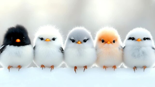 Colorful baby birds standing in a row on a snowy surface during a cold winter morning