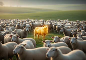 Obraz premium Unique Golden Sheep Standing in Flock 