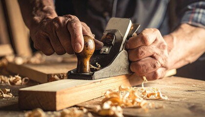 Close-up of hands using a hand plane on wood