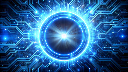 Futuristic technology background with glowing circuit board and central light abstract illustration for science and innovation concepts