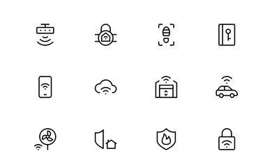 Modern Home Security Line Icon Collection with Clean Minimalist Style, Unique Vector Outline Icons Highlighting Surveillance, Alarms, Cameras, Access Control
