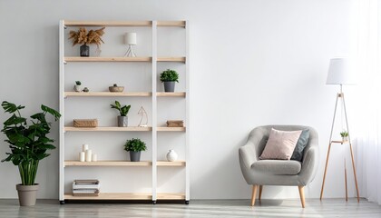 Fototapeta premium Bright Interior with White Bookshelf Containing Decorative Items Near a Gray Armchair and Tall Lamp Against White Wall, Creating a Minimalist and Cozy Setting