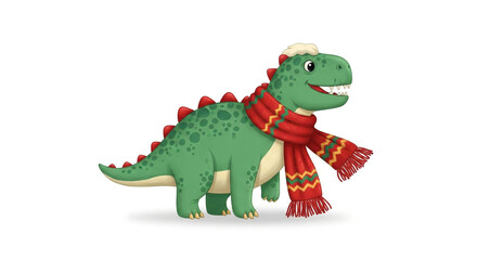 Fototapeta premium Adorable cartoon dinosaur wearing a cozy red scarf and winter hat, perfect for festive holiday designs and children's illustrations, bringing joy