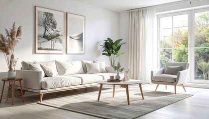Bright Living Room Interior with White Sofa Armchair and Rug Sunlight Streaming Through Window Framed Art and Green Plant Minimalist Serene Home Decor